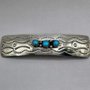 Navajo Hand Stamped Turquoise Hair Barrette Signed W Spencer Sterling Silver